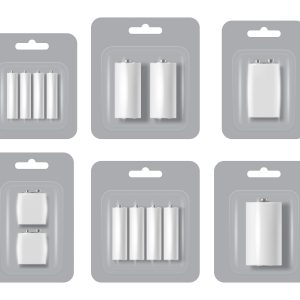Package battery pack. Cardboard blister with energy with electronic energy power metal alkaline charging containers decent vector realistic illustrations. Blister battery container capacity